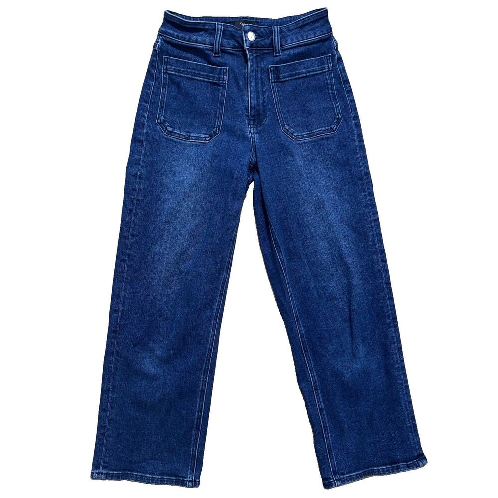 Quince Bella Jeans Sz 26 Dark Blue Stretch Patch Pocket Wide Leg Organic Cotton
